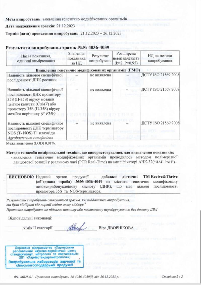 Протокол випробувань на відсутність ГМО стр №2